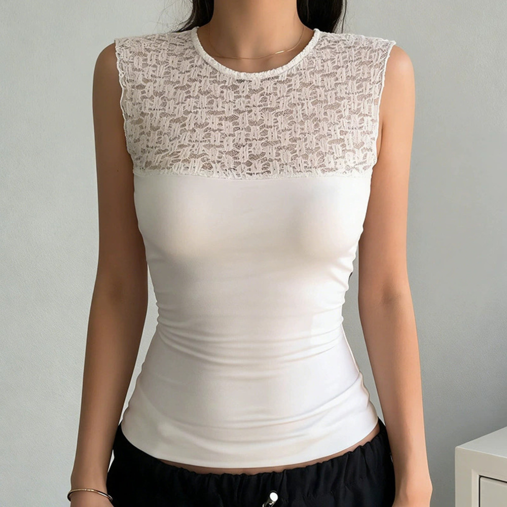 Zara New Lace Insert Casual Vest Hollow Out Slim Fit Solid Color Top